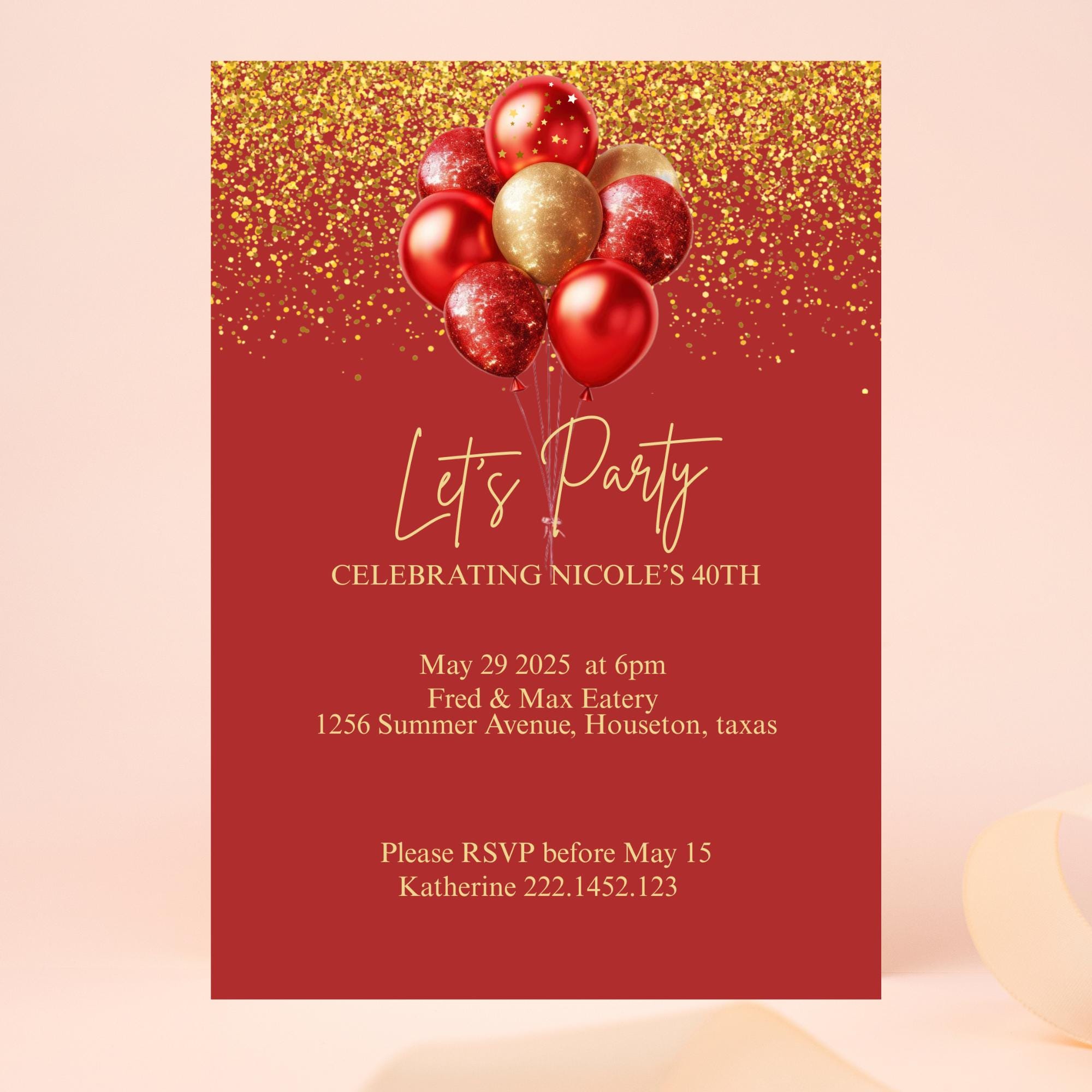 Editable Red and Gold Birthday Invitation, Let's Party Red