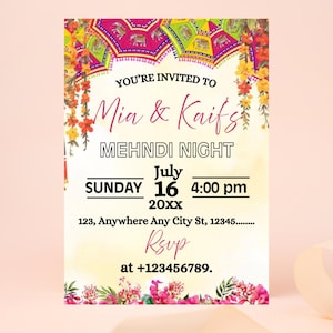 Floral Mehndi Night Ceremony Invitation, Hindu Pithi Ceremony, Indian Sangeet Wedding, Dholki Maiyan Ceremony, Panjabi Sikh Wedding