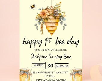 Plantilla de invitación para el Día de las Abejas, descarga instantánea, plantilla editable para el primer cumpleaños de niña, temática de abejas, panal de miel, dulce amarillo, editable
