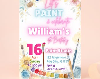 May include: A watercolour birthday party invitation with the text "Let's PAINT & celebrate William's 8th Birthday". The invitation includes paintbrushes, a paint palette, and the date and time of the party.