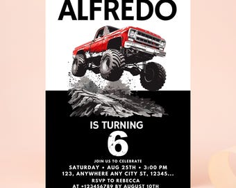 Monster Truck Birthday Invitation | Editable Canva Template | Boys 2nd Birthday Invite | Monster Jam Party | Watercolor Trucks Theme