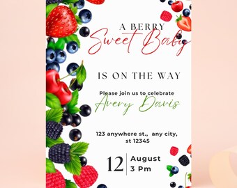 Berry Sweet Baby Shower Invitation Strawberry Theme Girl Editable Coquette Baby Shower Invite Pink Bow Baby Shower Digital Download