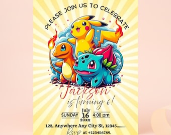 Editable Poke Birthday Invitation, Pika Birthday Party Template, Boys Digital Birthday Invitation, Instant Download, template invitation.