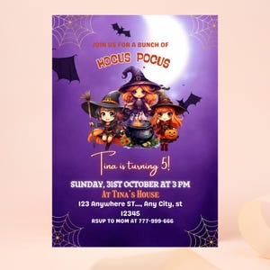 May include: A purple Halloween party invitation with the text "Join us for a bunch of Hocus Pocus". The invitation features three cartoon witches, bats, and spiderwebs. The text "Tina is turning 5!" is also included.