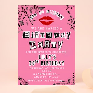 Invitación de cumpleaños de Chicas Pesadas, invitación para fiesta rosa de chicas, editable, 5x7&#39;&#39;, tema de libro quemado, imprimible en Canva, DESCARGA INSTANTÁNEA