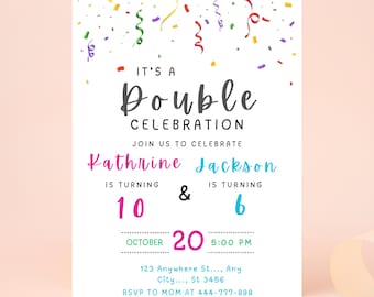 Join Party Birthday Invitation, Sibling Birthday Party, Double Birthday Invitation, Join Birthday Party invite Editable Canva Template