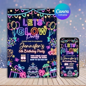 May include: A digital invitation for a glow party, featuring neon text and graphics. The design includes the words "Let's Glow Party" and details for Jennifer's 6th birthday, with a matching design on a smartphone.