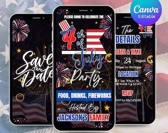 July 4th Invitation With Fireworks,Digital Independence Day Party Invite,Animated BBQ or Bonfire Celebration evite,Animated Party Invitation