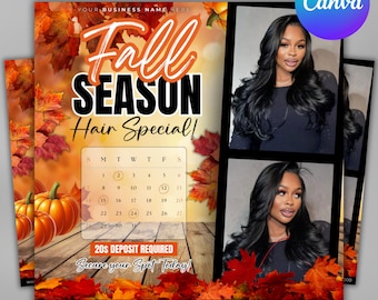 May include: A promotional flyer for a hair salon's fall season special. The design features fall leaves, pumpkins, and a calendar. The flyer includes the text "Fall Season Hair Special!" and images of a woman with long, wavy hair.
