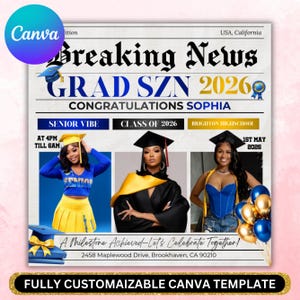 Graduate Flyer, Graduation Party Flyer, Graduation Invitation, College Decision, Class of 2026 Flyer, Senior Grad Announce, Canva Editable, Class of 2026 Gold Graduation Invitation, Editable Magazine Style Black Boy College High School Grad Party Canva DIY Flyer