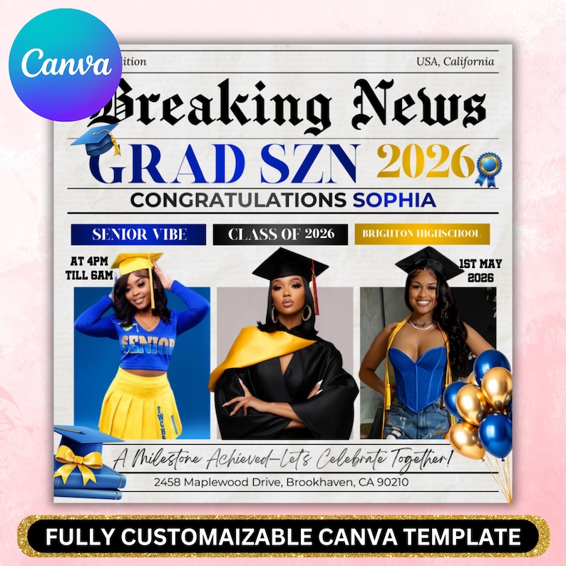 Graduate Flyer, Graduation Party Flyer, Graduation Invitation, College Decision, Class of 2026 Flyer, Senior Grad Announce, Canva Editable, Class of 2026 Gold Graduation Invitation, Editable Magazine Style Black Boy College High School Grad Party Canva DIY Flyer