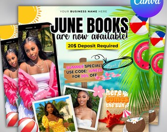 June Booking Flyer, Summer Booking Flyer, June Books Open, June Summer Hair Flyer, June Nails Flyer, June Lashes Flyer, June Makeup Flyer.