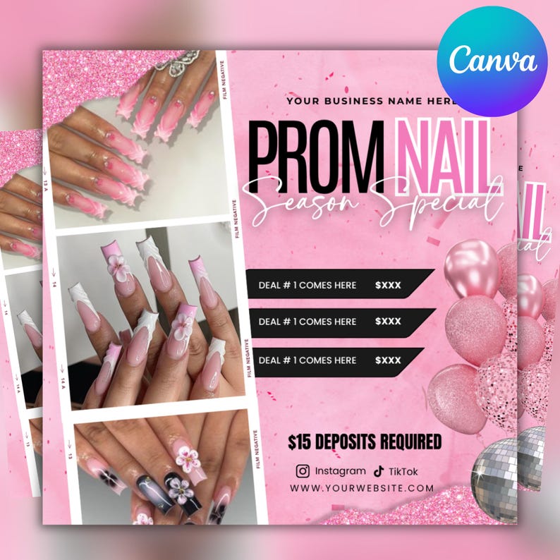 Prom Nails Special Flyer, Prom Booking Flyer, Prom Season , Prom Special flyer, Prom Invite, Beauty, Lashes, Make up, Nails, Hair, Canva