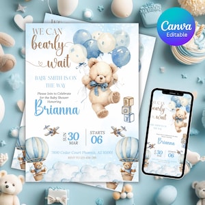 Könnte beinhalten: Babyparty-Einladung mit einem Teddybär, der blaue und weiße Luftballons hält. Der Text lautet "We can bearly wait" und enthält den Namen "Brianna" und Veranstaltungsdetails. Das Design ist hellblau und weiß.