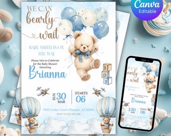 Invitación editable para baby shower con globo de oso marrón, Invitación para baby shower "Ya casi no podemos esperar", Baby shower boho de oso azul para niño