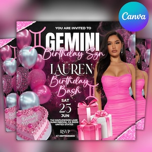 Pink Gemini Birthday Flyer, Gemini Bash Flyer, Birthday flyer, Birthday Girl, Party Flyer,Celebration Flyer, Birthday Event,Pink Birthday