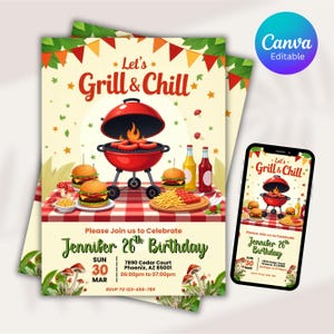 May include: A digital invitation with a barbecue theme. The design features a red grill, burgers, fries, and bottles on a red and white checkered tablecloth. The text reads "Let's Grill & Chill" and "Jennifer 26th Birthday".