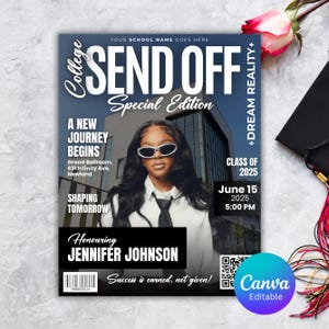 Editable College Send Off Evite, Farewell Party Invite, DIY Trunk Party Flyer, Black Magazine Cover, Goodbye Graduation Celebration