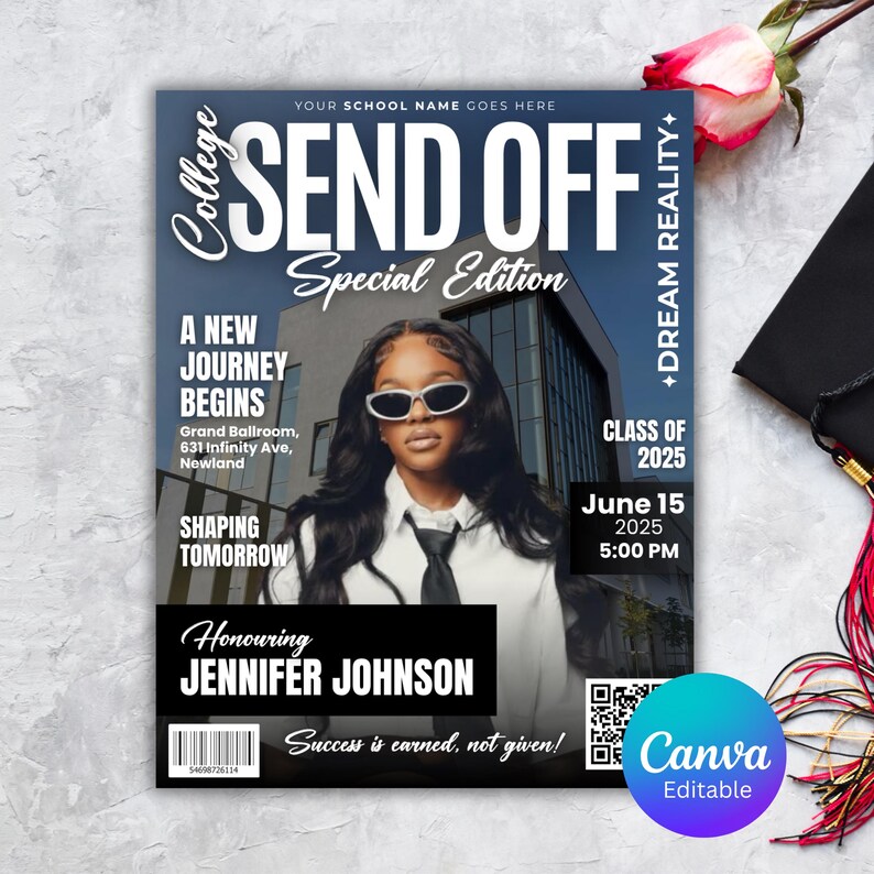 Editable College Send Off Evite, Farewell Party Invite, DIY Trunk Party Flyer, Black Magazine Cover, Goodbye Graduation Celebration