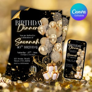 Birthday Dinner Invitation Template, Black Tie Glam Invite, Animated Black Golden Diamond Evite For Men & Women, Self Editable eCard