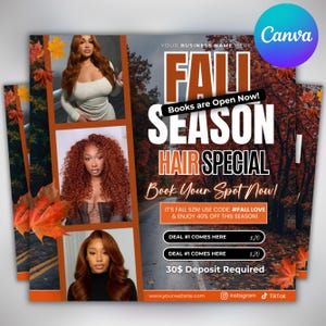 Op de afbeelding: Een promotieflyer voor een herfsthaarspecial. Het ontwerp bevat drie afbeeldingen van vrouwen met verschillende kapsels. De tekst luidt "FALL SEASON HAIR SPECIAL" en "Book Your Spot Now!" met een kortingscode.