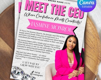Plantilla de volante "Conoce al CEO" (hazlo tú mismo), volante "Conoce al CEO", plantilla de belleza editable, volante prediseñado para emprendedores, Canva editable