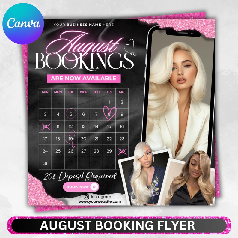 August Bookings Flyer, August Bookings Available, August Appointment Flyer, August Calendar Flyer, Hair, Nails, Makeup, Lashes, Braids, Wig
