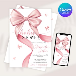 Blush Pink Bow Baby Shower Invitation Editable Elegant Watercolor Coquette Bow Invitation Pink Girl Baby Shower Invite Pink Canva Editable.