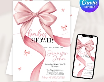 Blush Pink Bow Baby Shower Invitation Editable Printable Elegant ...