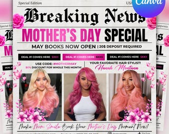 Folleto de reservas para el Día de la Madre, Folleto de mayo: Reservas disponibles, Reservas especiales para el Día de la Madre, Pestañas para el Día de la Madre, Pelucas de mayo, Uñas de mayo, Editable en Canva