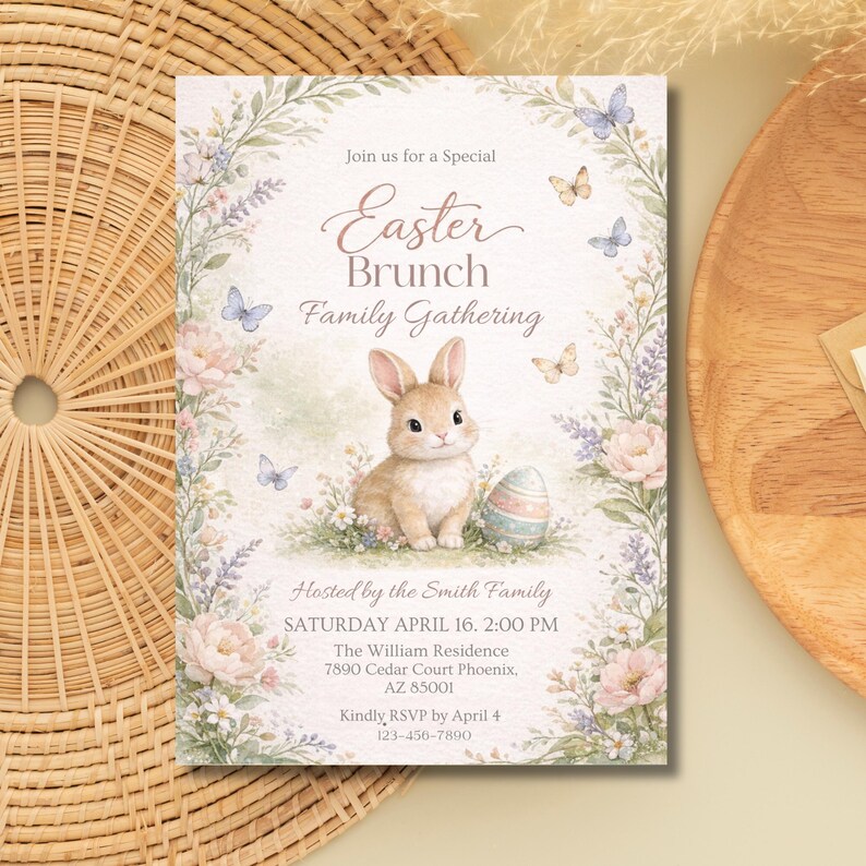 Easter Egg Hunt and Brunch Invitation, Easter Brunch Party Invitation, Floral Spring, Religious Easter Invite Bunny & Cross, Editable Canva, Easter egg Hunt Invitation, Party with my Peeps, Easter Bunny Invite, Gold Easter Egg, Easter Party Invite, Instant Download, Editable Canva