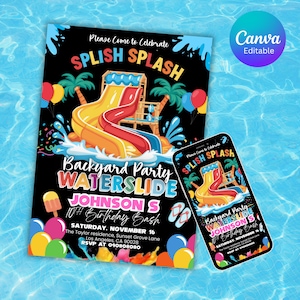 Puede incluir: Una invitación negra para una fiesta de cumpleaños con tobogán acuático en el jardín. El diseño presenta un gráfico de tobogán acuático colorido, el texto "SPLISH SPLASH" y detalles de la fiesta. Un smartphone muestra el mismo diseño.
