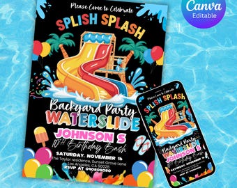 Waterslide Birthday Invitation, Boy Girl Splash Party Invite, Splash Birthday Evite, Water Slide Bash Modern Canva Template Boy Girl