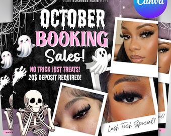 Peut inclure: Flyer promotionnel sur le thème d'Halloween avec le texte "October Booking Sales!" en blanc et rose. Le flyer comprend des images d'un squelette, de fantômes et des photos en gros plan de cils. Le texte "No Trick Just Treats! 20$ Deposit Required!" est également inclus.