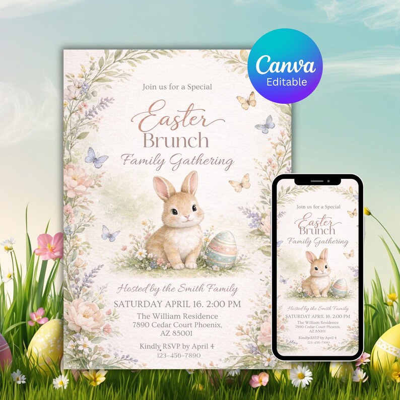 Easter Egg Hunt and Brunch Invitation, Easter Brunch Party Invitation, Floral Spring, Religious Easter Invite Bunny & Cross, Editable Canva, Easter egg Hunt Invitation, Party with my Peeps, Easter Bunny Invite, Gold Easter Egg, Easter Party Invite, Instant Download, Editable Canva