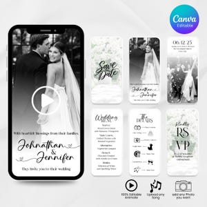 Invitación de boda digital animada, elegante video de boda digital en blanco, plantilla de Canva para una boda moderna y neutra, invitación móvil editable