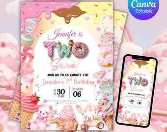 Two Sweet Birthday Invitation, Two Sweet Invitation, 2nd Birthday Invitation, Two Year Dessert Invite, Candy Sweets Donut Invite, Canva 2501