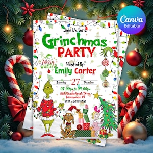 以下が含まれることがあります： 「Grinchmas Party」の招待状。グリンチと犬が描かれ、緑と赤を基調としたデザイン。クリスマスライトと「Merry Whatever」の文字が特徴。イベントはエミリー・カーターが12月27日に主催。