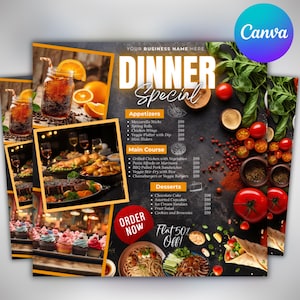 Op de afbeelding: Een promotiemenu voor een dineraanbieding, met voorgerechten, hoofdgerechten en desserts. Het menu bevat afbeeldingen van eten en drinken, met de tekst "Dinner Special" en "Order Now". Het menu is ontworpen met een donkere achtergrond en oranje accenten.
