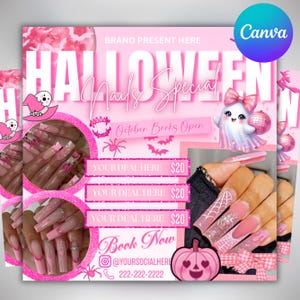 May include: Pink Halloween nails special flyer with text "Halloween Nails Special" and "October Books Open". Features images of nails, a ghost, a pumpkin, and spiders. Contact details are included.