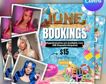 June Booking Flyer, Summer Booking Flyer, June Books Open, June Summer Hair Flyer, June Nails Flyer, June Lashes Flyer, June Makeup Flyer
