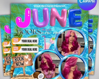 June Booking Flyer Summer Booking Flyer June Books are Open now June Summer Hair Flyer June Nails Flyer June Lashes Flyer June Makeup Flyer