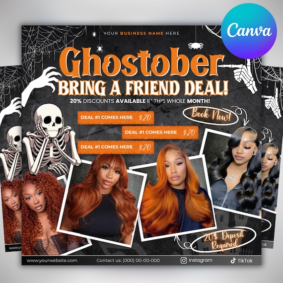 October Bring a friend special flyer, Bring a Friend hair Flyer, October Booking, Halloween Hair, Spooky SZN Flyer, Nails MUA Bestie Lash