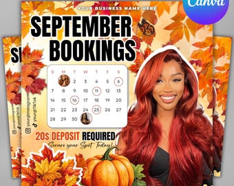 September Booking Flyer, Fall Booking Flyer, Wig Install Lash Nail Braids MUA Fall Season Autumn Flyer Premade Business Flyer Edit In Canva