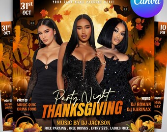 Thanksgiving-Party-Flyer, Thanksgiving-Club einladen, Friendsgiving-Dinner einladen, Feier-Flyer, Social-Media-Flyer, Canva bearbeitbar