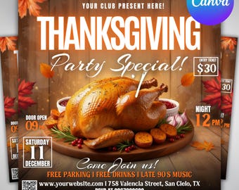 Thanksgiving-Party-Flyer, Thanksgiving-Club einladen, Friendsgiving-Dinner einladen, Feier-Flyer, Social-Media-Flyer, Canva bearbeitbar