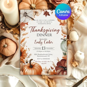 May include: Thanksgiving dinner invitation with a fall theme. The invitation features pumpkins, leaves, and floral elements in shades of orange, brown, and white. Text includes "Thanksgiving Dinner" and event details.