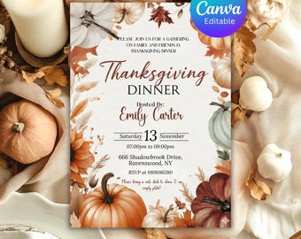 May include: Thanksgiving dinner invitation with a fall theme. The invitation features pumpkins, leaves, and floral elements in shades of orange, brown, and white. Text includes "Thanksgiving Dinner" and event details.