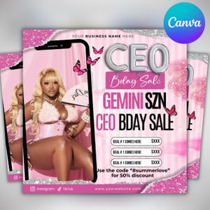 Könnte beinhalten: Rosa und silberner Werbeflyer mit einer Frau in rosa Outfit. Der Flyer enthält den Text "CEO Bday Sale" und "Gemini SZN". Enthält die Instagram- und TikTok-Logos sowie eine Website-Adresse.