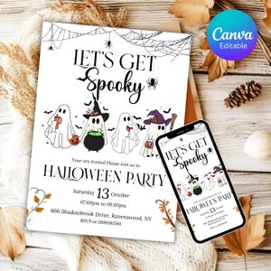 Może przedstawiać: Zaproszenie na imprezę Halloween z napisem "Let's Get Spooky" i kreskówkowymi duchami. Zaproszenie zawiera datę, godzinę i miejsce. Smartfon wyświetla to samo zaproszenie. Edytowalne w Canva.